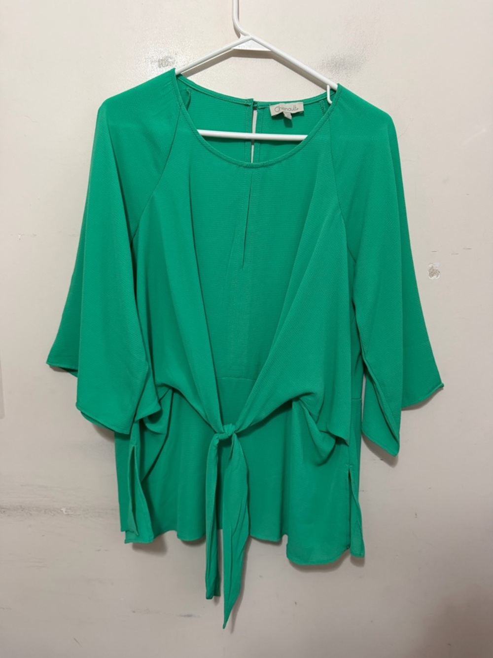 Chenault Green Tie Front Blouse Women’s Large Flowy 3/4 Sleeve Lightweight Top - Picture 2 of 13